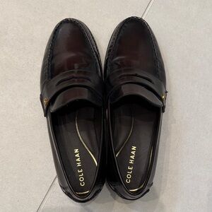 Cole Haan Dark Brown Leather Penny Loafers with Gold Accents